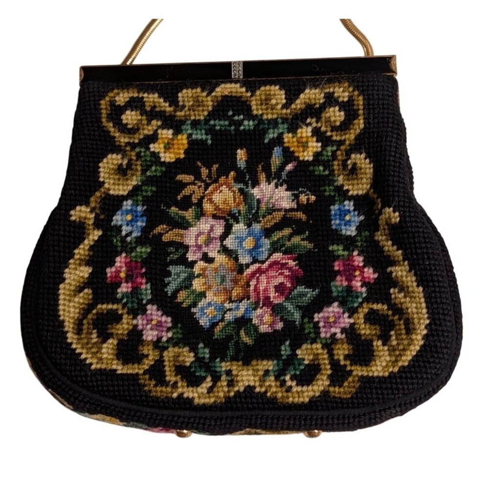 Vintage Floral Needlepoint Evening Bag Metal Frame Chain Strap etched clasp - Picture 15 of 16